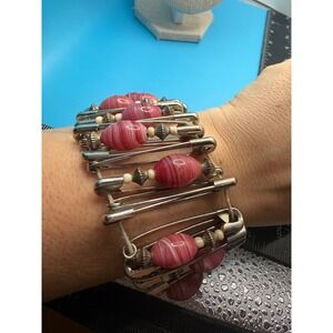 Vintage Safety Pin Stretch Bracelet Pink Glass Bead Silver Tone Punk‎ Cuff 6.5in